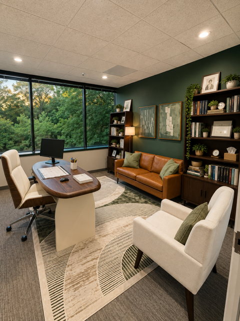 Dr. Qureshi's private consultation office — warm lighting, natural greenery, and comfortable seating